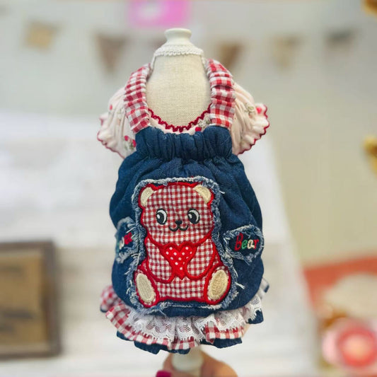 TaniWina Sweet Bear Ruffle Denim Suspender Dress– Autumn Puppy Outfit