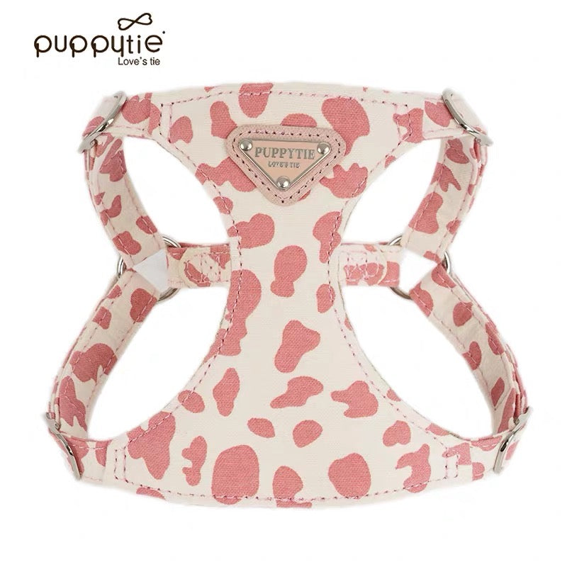 Puppytie【小型犬・猫用】牛柄ハーネス&リードセット|甘かわデザインでお散歩をもっと楽しく|Cow-Pattern Dog & Cat Harness with Leash | Cute Small Pet Harness