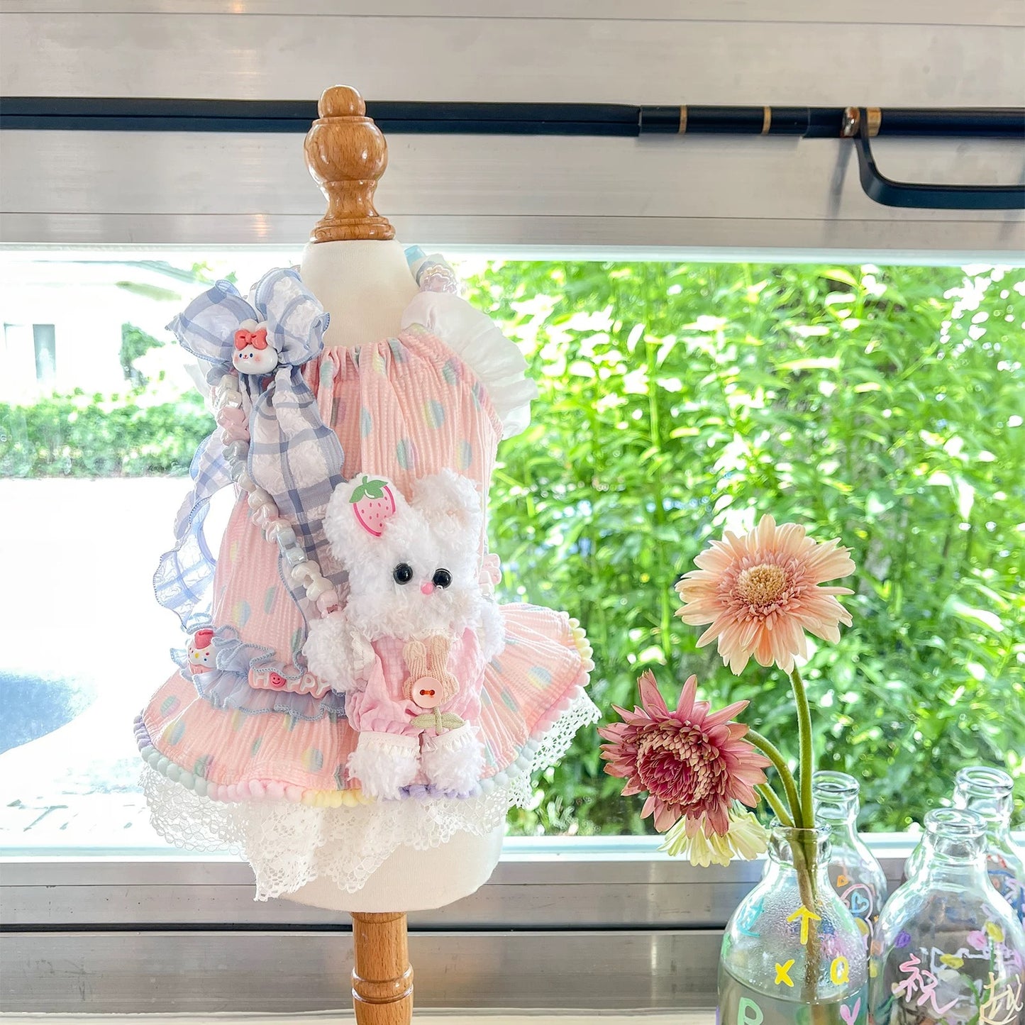 Fancy House Polka Dot Bunny Fancy Pinafore Dress Set
(with Plush Bunny Pouch)