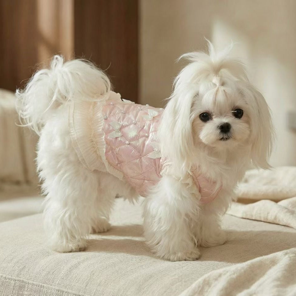 Elsamilu Pearl Bow Quilted Winter Down Dress – Blush Pink