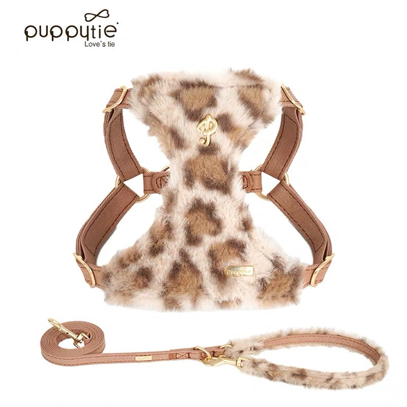 Puppytie 秋冬向け高級フリース素材 ペット用犬の散歩リード|Leopard Print Fleece Dog & Cat Harness – Adjustable No-Pull Winter Vest for Small Pets
