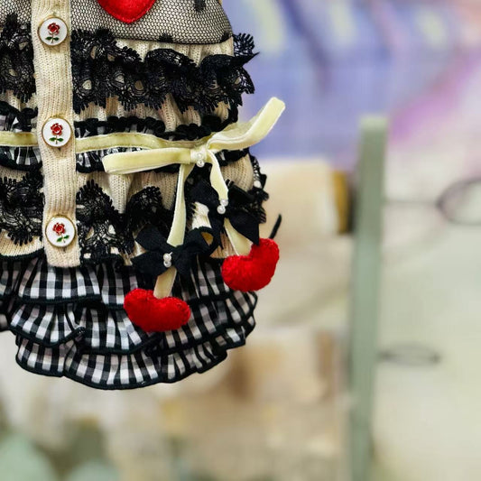 Elsamilu Mocha Black Ruffle Dress with Heart & Cherries