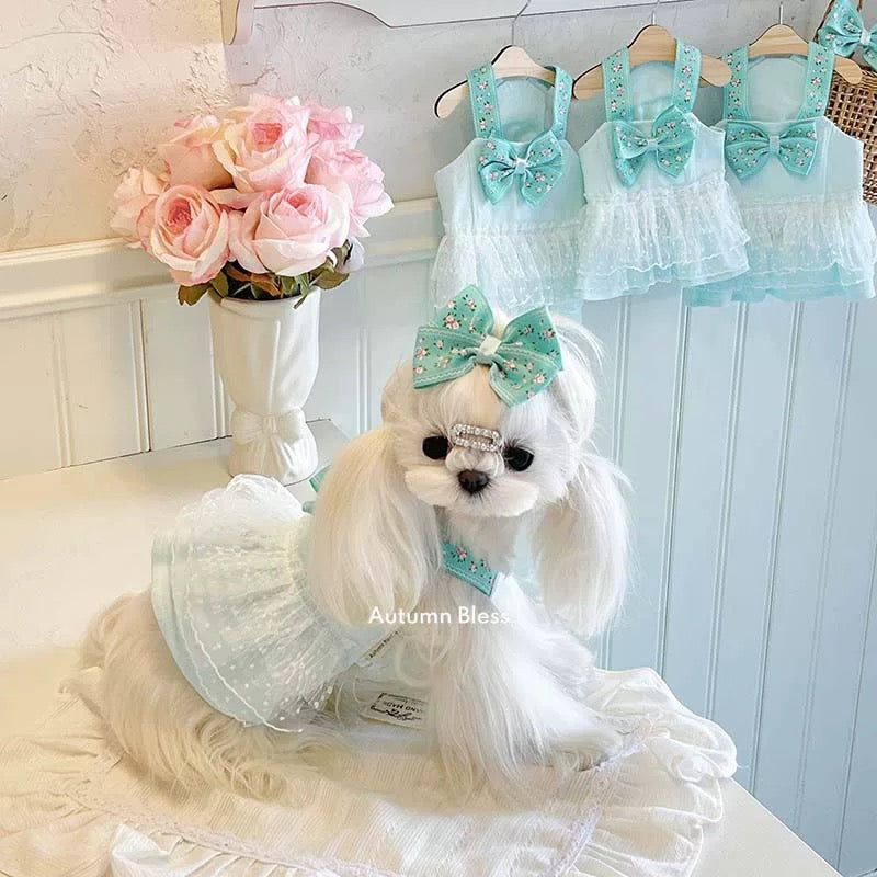 Autumn Bless Mint Blossom Bow Dress with Ribbon