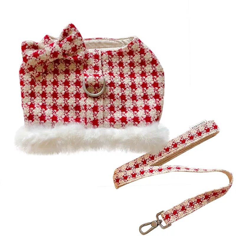 Autumn Bless クリスマススノーハウンドトゥースふわもこハーネス(Dリング付き)| Christmas Snowy Houndstooth Fur Harness – D-Ring Design