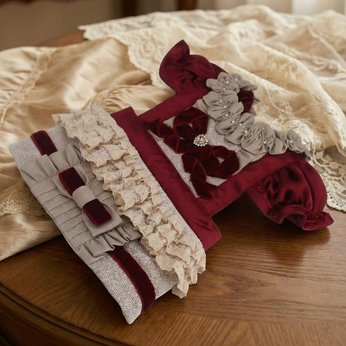 Elsamilu Bordeaux Velvet Romance Pet Dress – Elegant Winter Outfit for Small Dogs & Cats