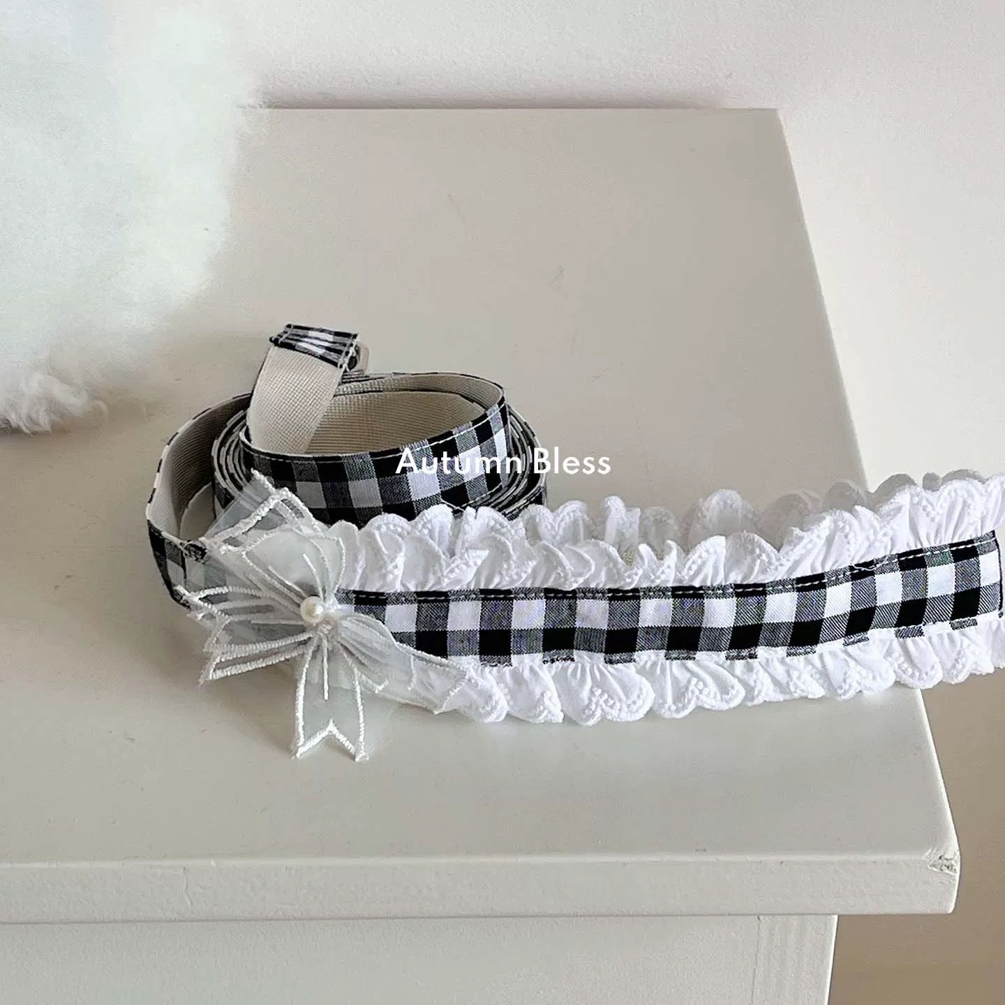 Autumn Bless チェックリボンキャップ&レースリード | Checkered Ribbon Cap & Lace Leash