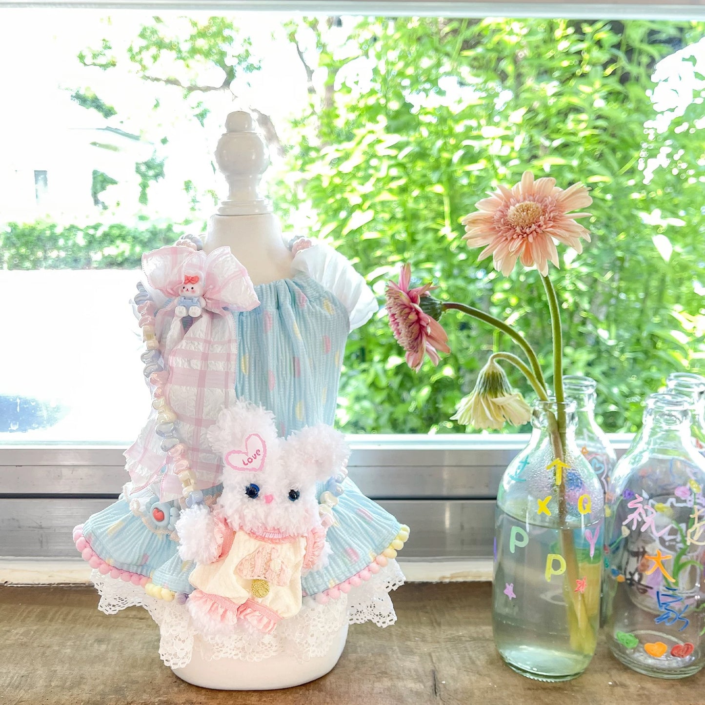 Fancy House Polka Dot Bunny Fancy Pinafore Dress Set
(with Plush Bunny Pouch)