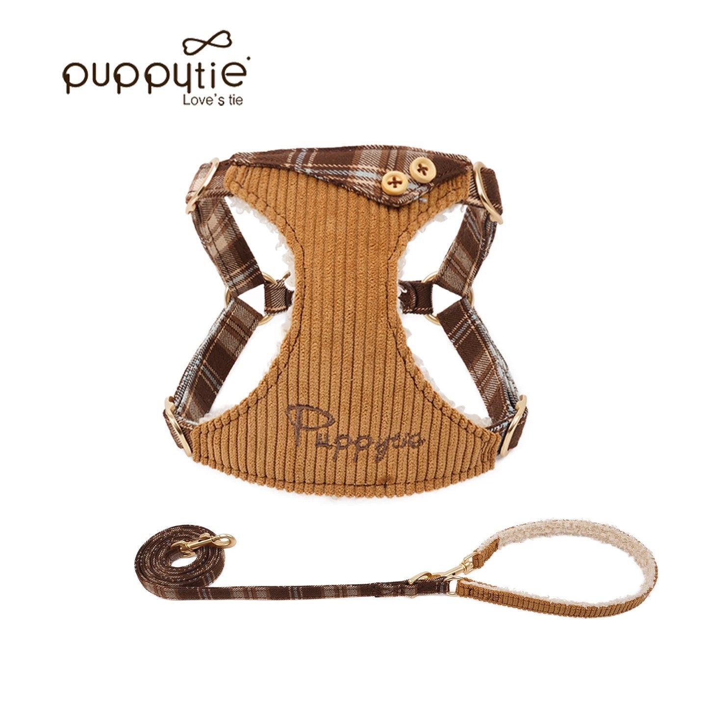 Puppytie 軽量ヴィンテージチェック柄ペットハーネス(猫と小型犬用)| ソフトコーデュロイ| Puppytie Lightweight Vintage Plaid Pet Harness for Cats & Small Dogs | Soft Corduroy