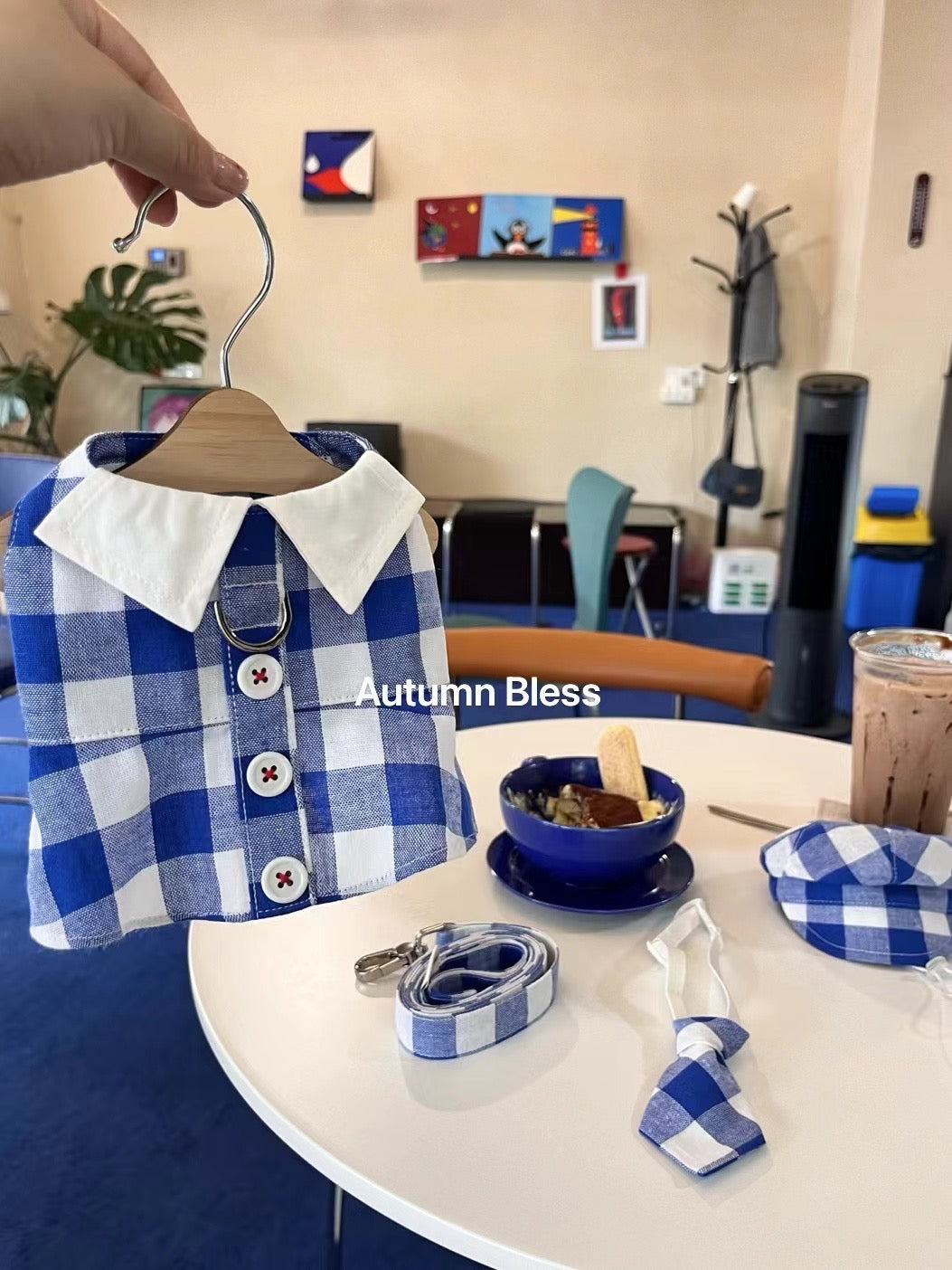 Autumn Bless の格子縞のドレスとハーネスセット - ピンク&ブルーコレクション