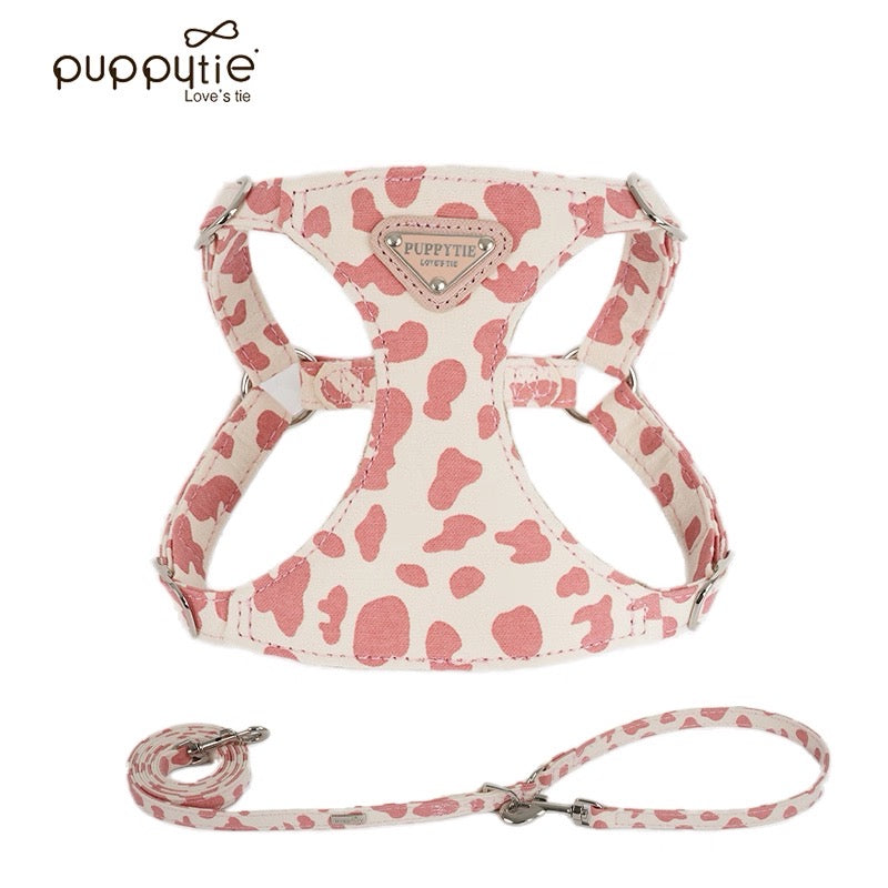 Puppytie【小型犬・猫用】牛柄ハーネス&リードセット|甘かわデザインでお散歩をもっと楽しく|Cow-Pattern Dog & Cat Harness with Leash | Cute Small Pet Harness
