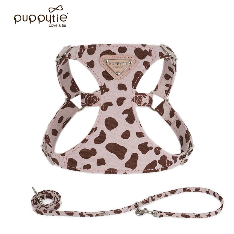 Puppytie【小型犬・猫用】牛柄ハーネス&リードセット|甘かわデザインでお散歩をもっと楽しく|Cow-Pattern Dog & Cat Harness with Leash | Cute Small Pet Harness