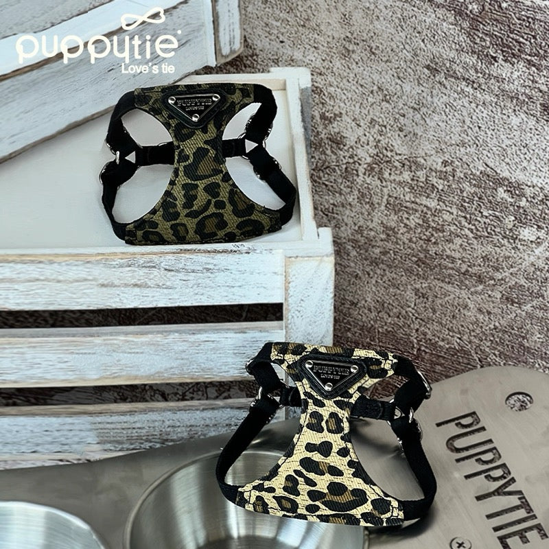 Puppytie レオパードプリントドッグ&キャットハーネス&リードセット – 丈夫なキャンバスペットベスト| Leopard Print Dog & Cat Harness and Leash Set – Durable Canvas Pet Vest