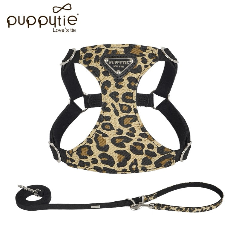 Puppytie レオパードプリントドッグ&キャットハーネス&リードセット – 丈夫なキャンバスペットベスト| Leopard Print Dog & Cat Harness and Leash Set – Durable Canvas Pet Vest