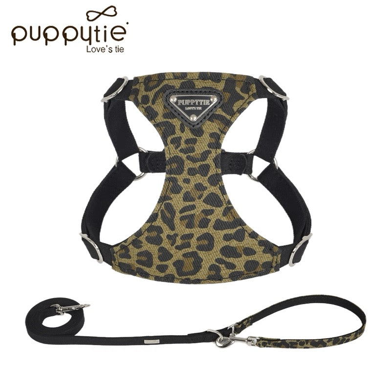 Puppytie レオパードプリントドッグ&キャットハーネス&リードセット – 丈夫なキャンバスペットベスト| Leopard Print Dog & Cat Harness and Leash Set – Durable Canvas Pet Vest