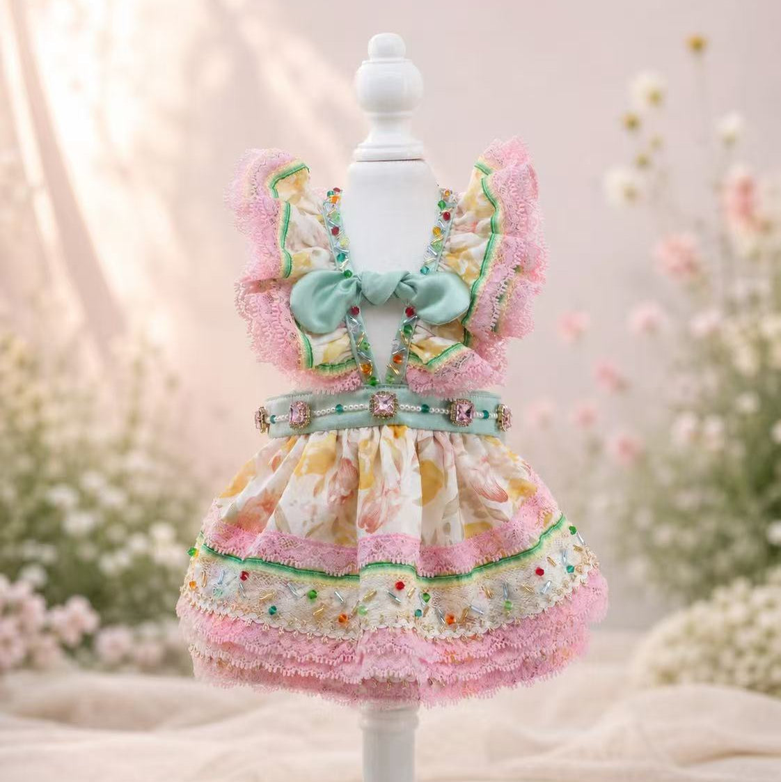 フラワーガーデンレースワンピース｜小型犬用ドレス〈ピンク×ミント
