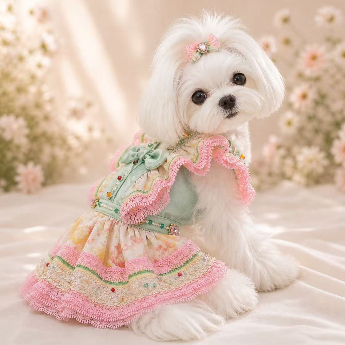 Elsamilu Flower Garden Lace Dog Dress – Pink & Mint