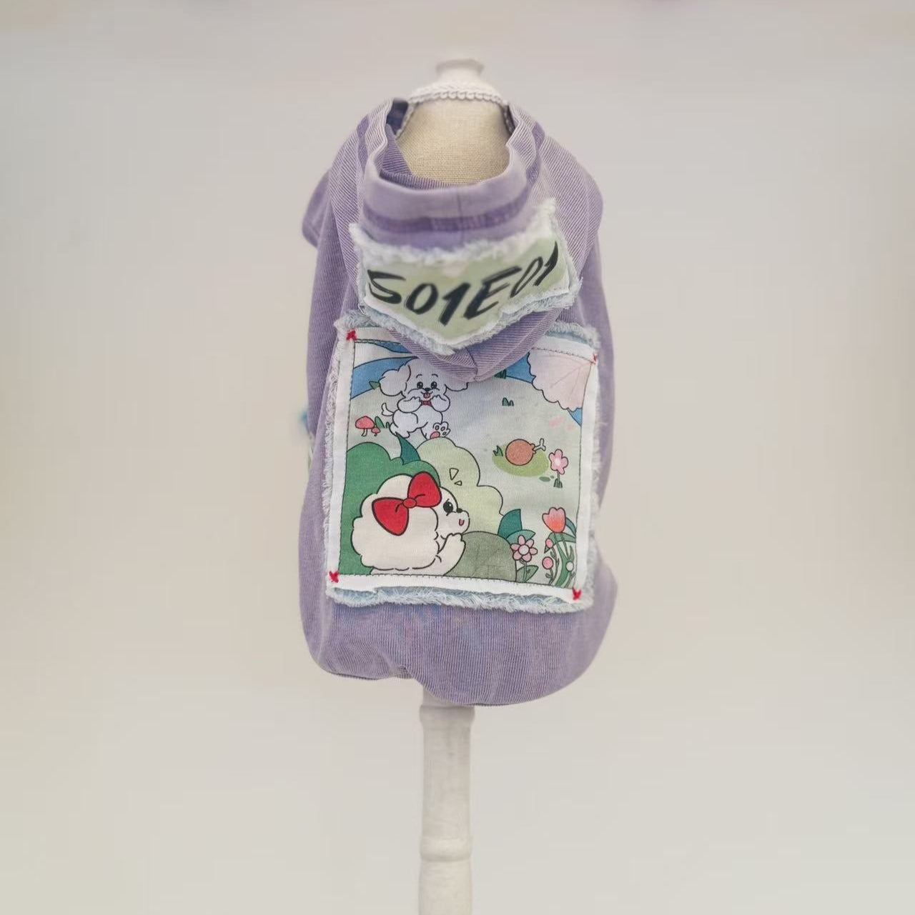 TaniWina Purple Corduroy Puppy Hoodie โ Cartoon Dog Illustration Story Series S01E01