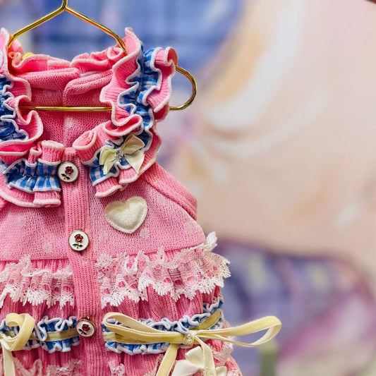 Elsamilu Pink & Blue Frill Heart Dress with Lace & Bows