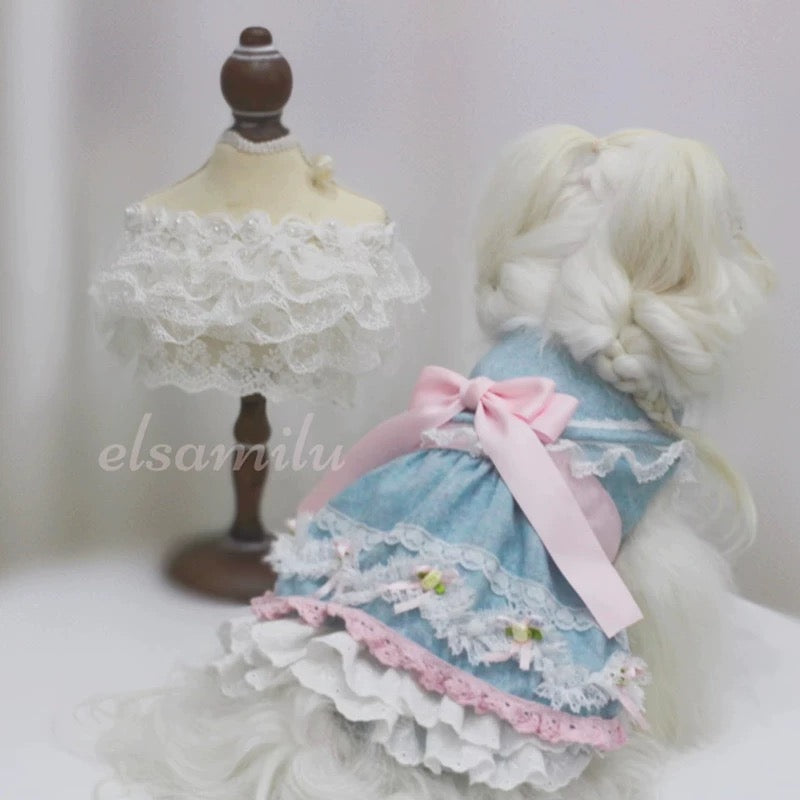 Elsamilu Romantic Blue Lace Bow Dress
