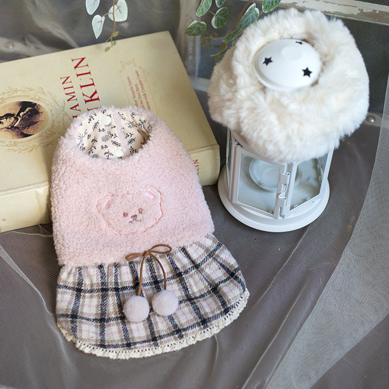 TaniWina Cozy Bear Plaid Valentine Dress with Matching Fur Scarf