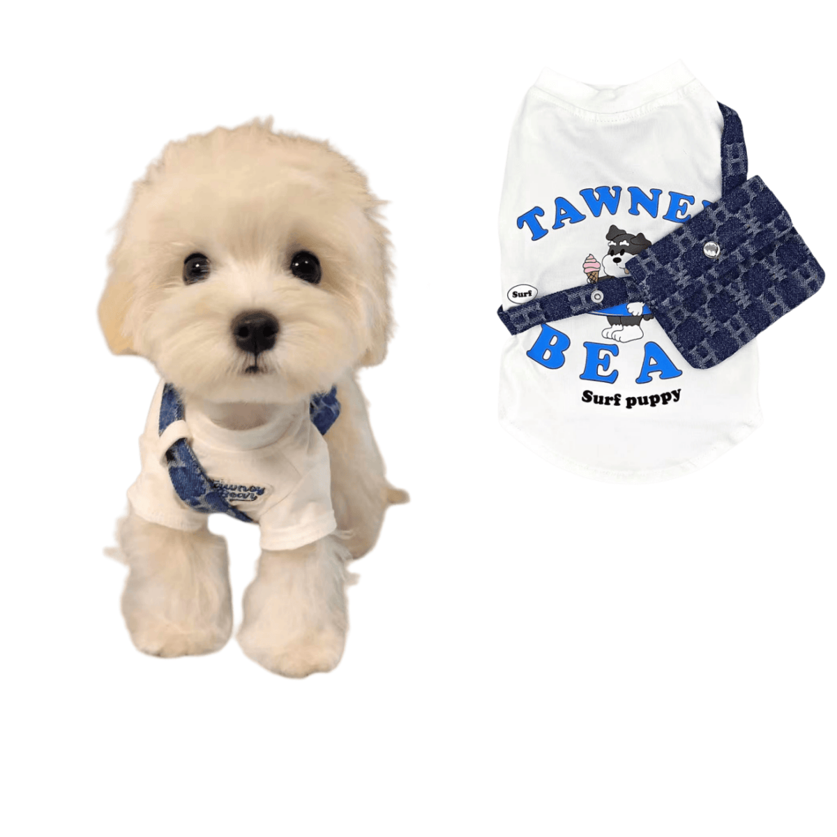 Tawney Bear Surf Puppy Graphic Dog T-Shirt with Denim Side Bag
