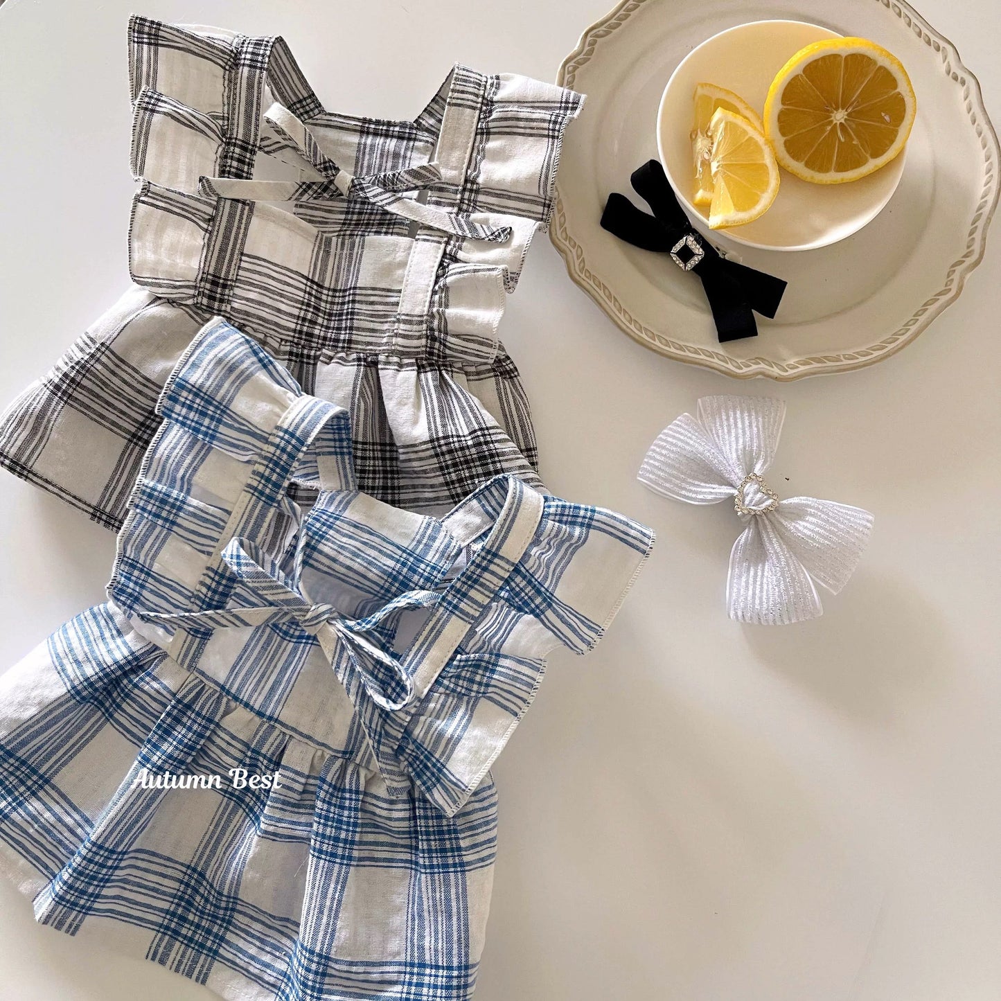 Autumn Bless ヴィンテージチェックフリルワンピース（リボンヘアクリップ付き） | Vintage Check Ribbon Frill Dress with Hair Clip