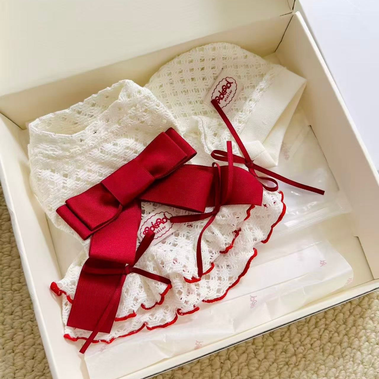 RoiRoi Crimson Ribbon Lace-Ruffle Pet Dress