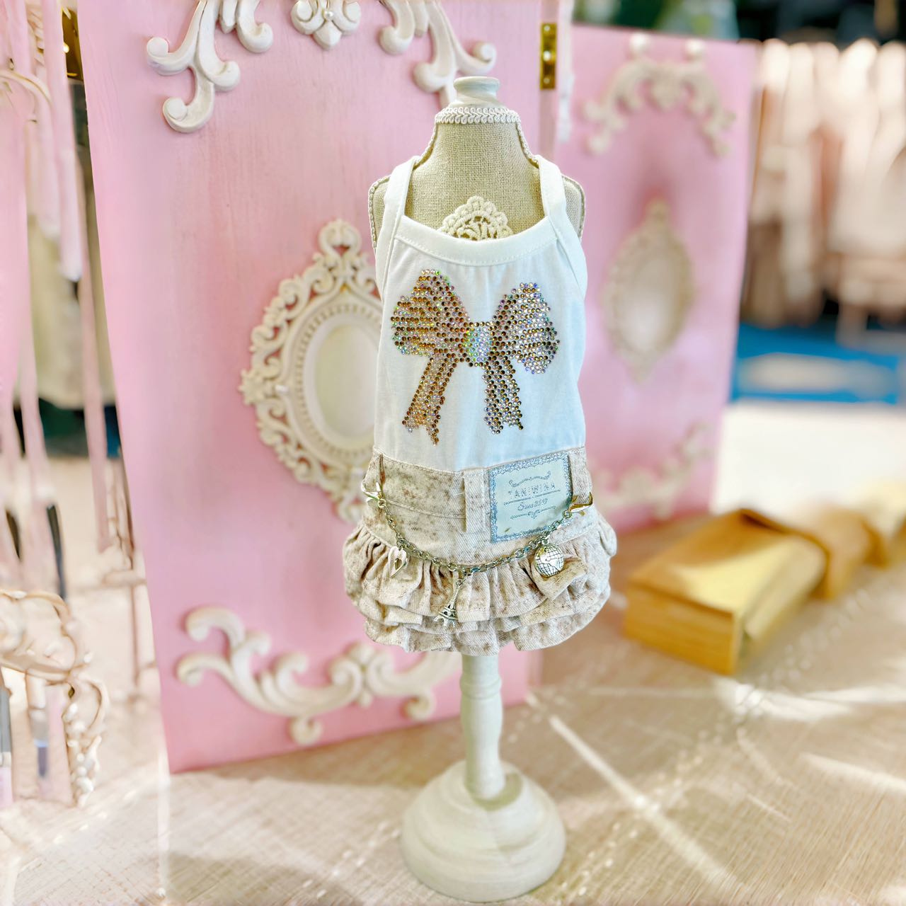 작은 개를위한 Taniwina Bling Ribbon Rhinestone 데님 스커트
