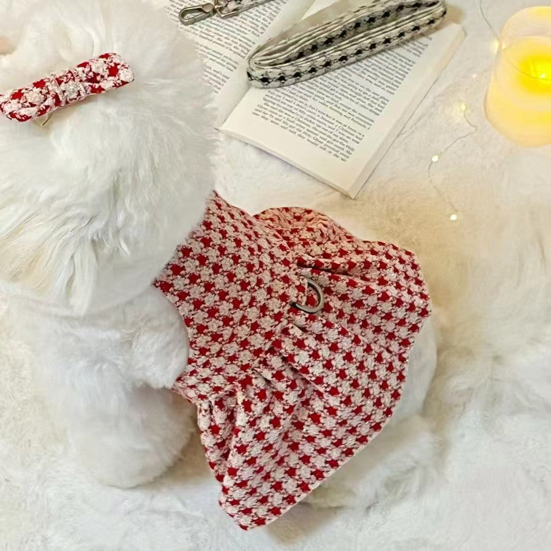Autumn Bless クリスマス千鳥柄ふわもこハーネスワンピース（Dリング付き）| Christmas Houndstooth Fur Harness Dress – D-Ring Design
