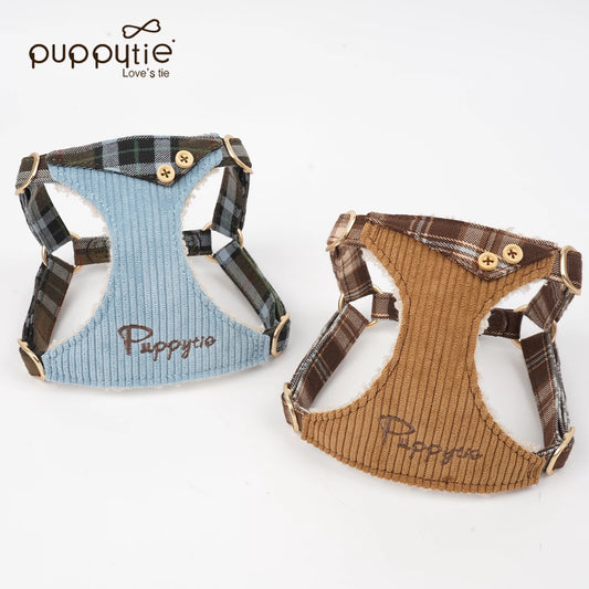 Puppytie 軽量ヴィンテージチェック柄ペットハーネス（猫と小型犬用）| ソフトコーデュロイ| Puppytie Lightweight Vintage Plaid Pet Harness for Cats & Small Dogs | Soft Corduroy