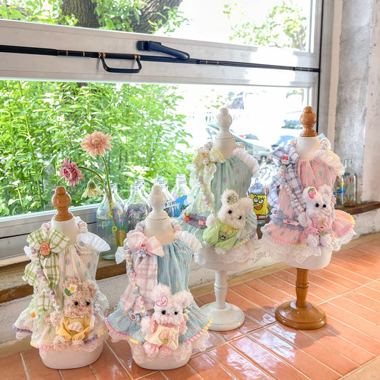 Fancy House Polka Dot Bunny Fancy Pinafore Dress Set
(with Plush Bunny Pouch)