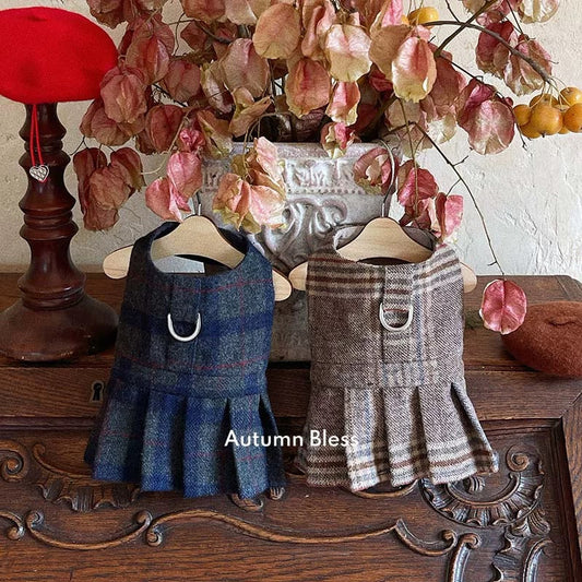 Autumn Bless 居心地の良いチェッカーフォールハーネスドレスのための小さな犬のためのドレス