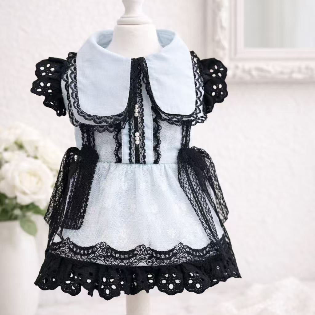 Elsamilu Gothic Lace Flutter Sleeve Pet Dress – Pink & Blue Romantic Outfit for Small Dogs & Cats