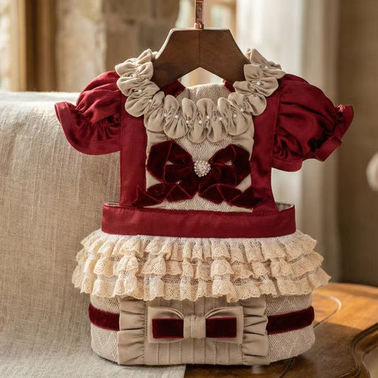 Elsamilu Bordeaux Velvet Romance Pet Dress – Elegant Winter Outfit for Small Dogs & Cats