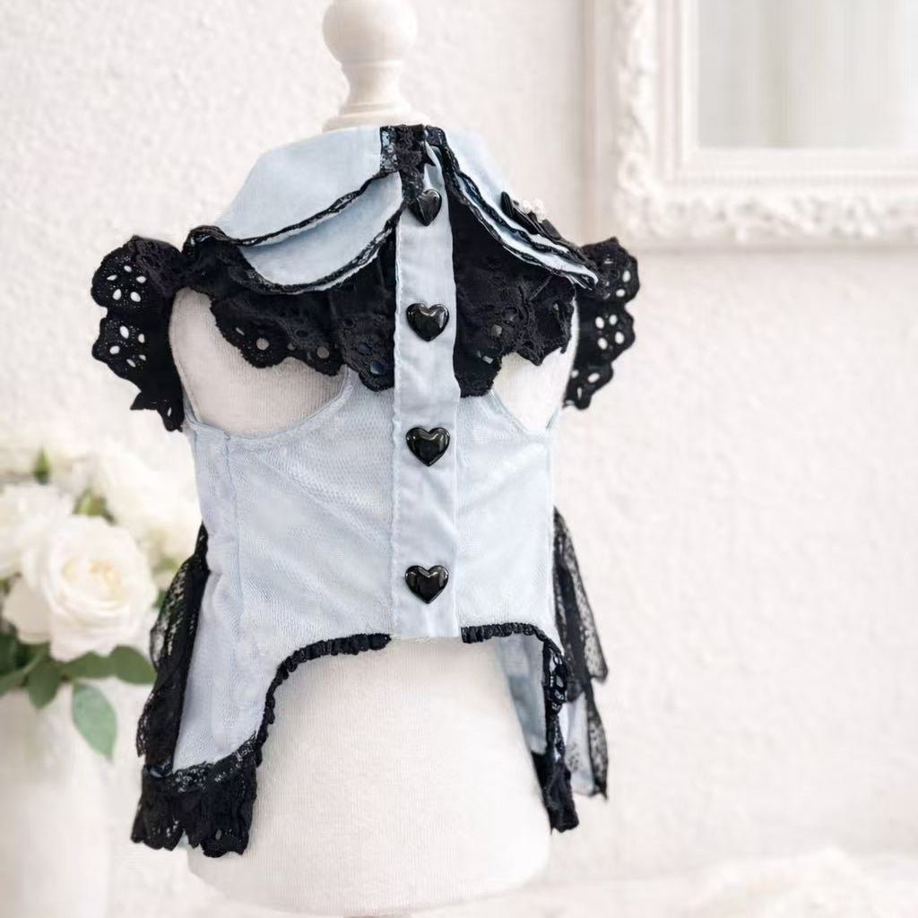 Elsamilu Gothic Lace Flutter Sleeve Pet Dress – Pink & Blue Romantic Outfit for Small Dogs & Cats