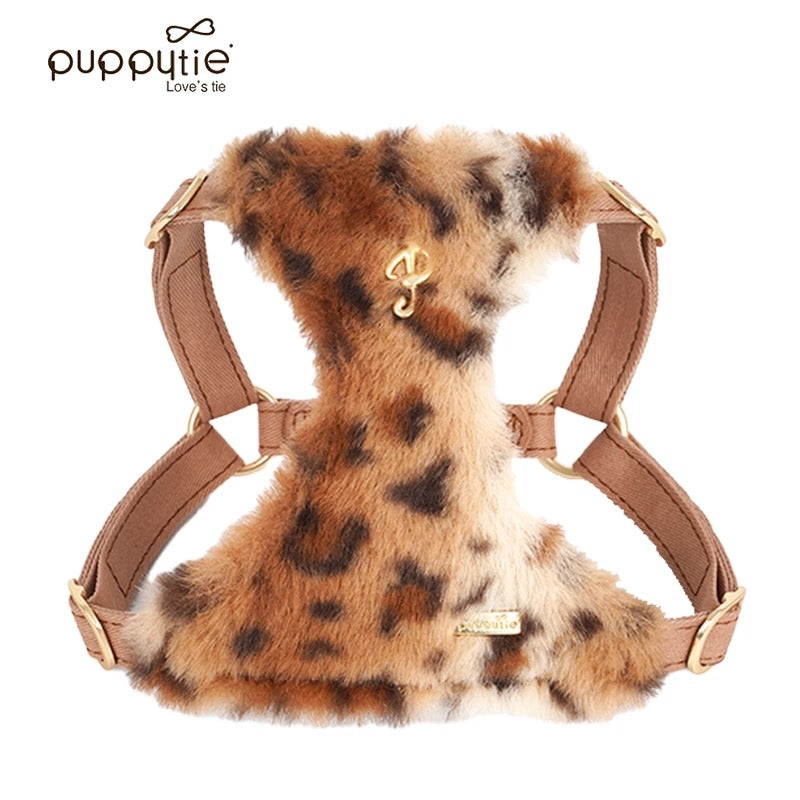 Puppytie 秋冬向け高級フリース素材 ペット用犬の散歩リード|Leopard Print Fleece Dog & Cat Harness – Adjustable No-Pull Winter Vest for Small Pets