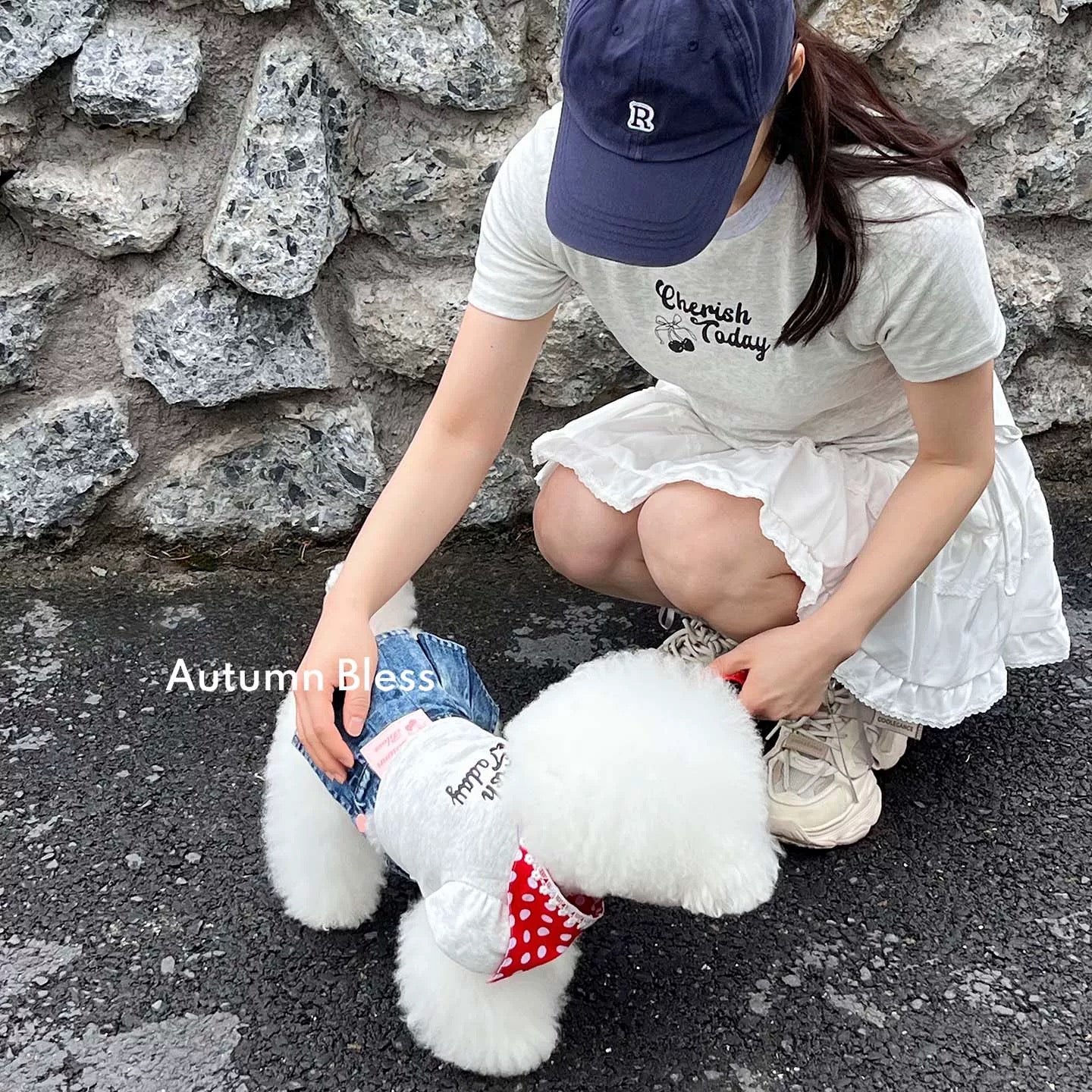 Autumn Bless チェリーリンクコーデTシャツ ＆ デニムサスペンダースカート（ヘアアクセ・バンダナ付き）| Cherry Matching T-Shirt & Denim Suspender Skirt (with Hair Clip or Bandana)| Cherry T-Shirt & Denim Suspender Skirt (Family Matching Outfit)