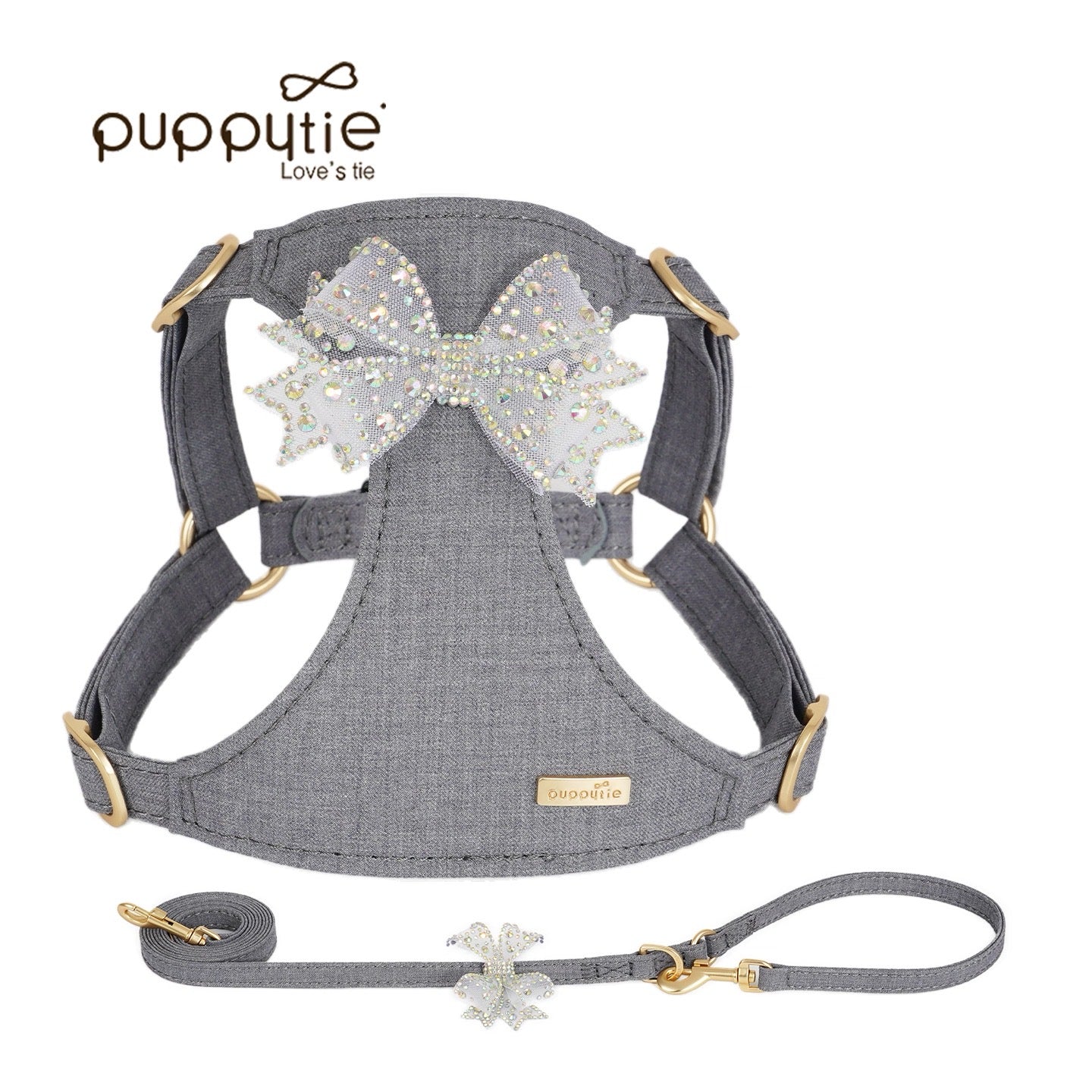 Puppytie スパークリングラインストーンボウドッグ＆キャットハーネス – 通気性のあるTR生地使用、スタイリッシュなペットベスト|Sparkling Rhinestone Bow Dog & Cat Harness – Breathable TR Fabric, Stylish Pet Vest