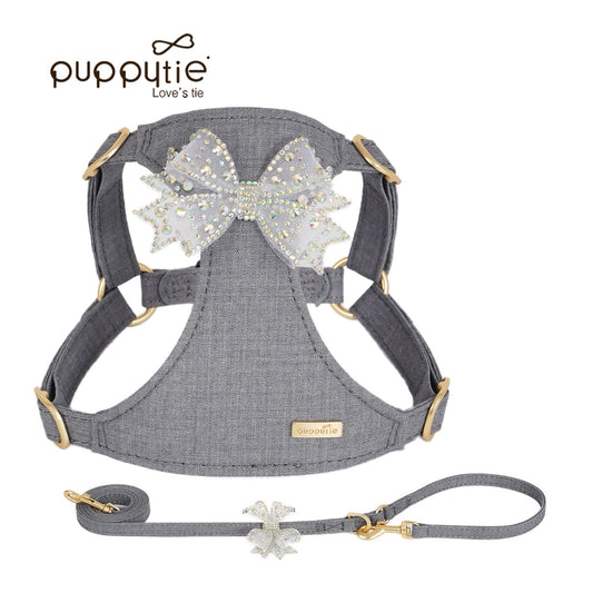 Puppytie スパークリングラインストーンボウドッグ＆キャットハーネス – 通気性のあるTR生地使用、スタイリッシュなペットベスト|Sparkling Rhinestone Bow Dog & Cat Harness – Breathable TR Fabric, Stylish Pet Vest