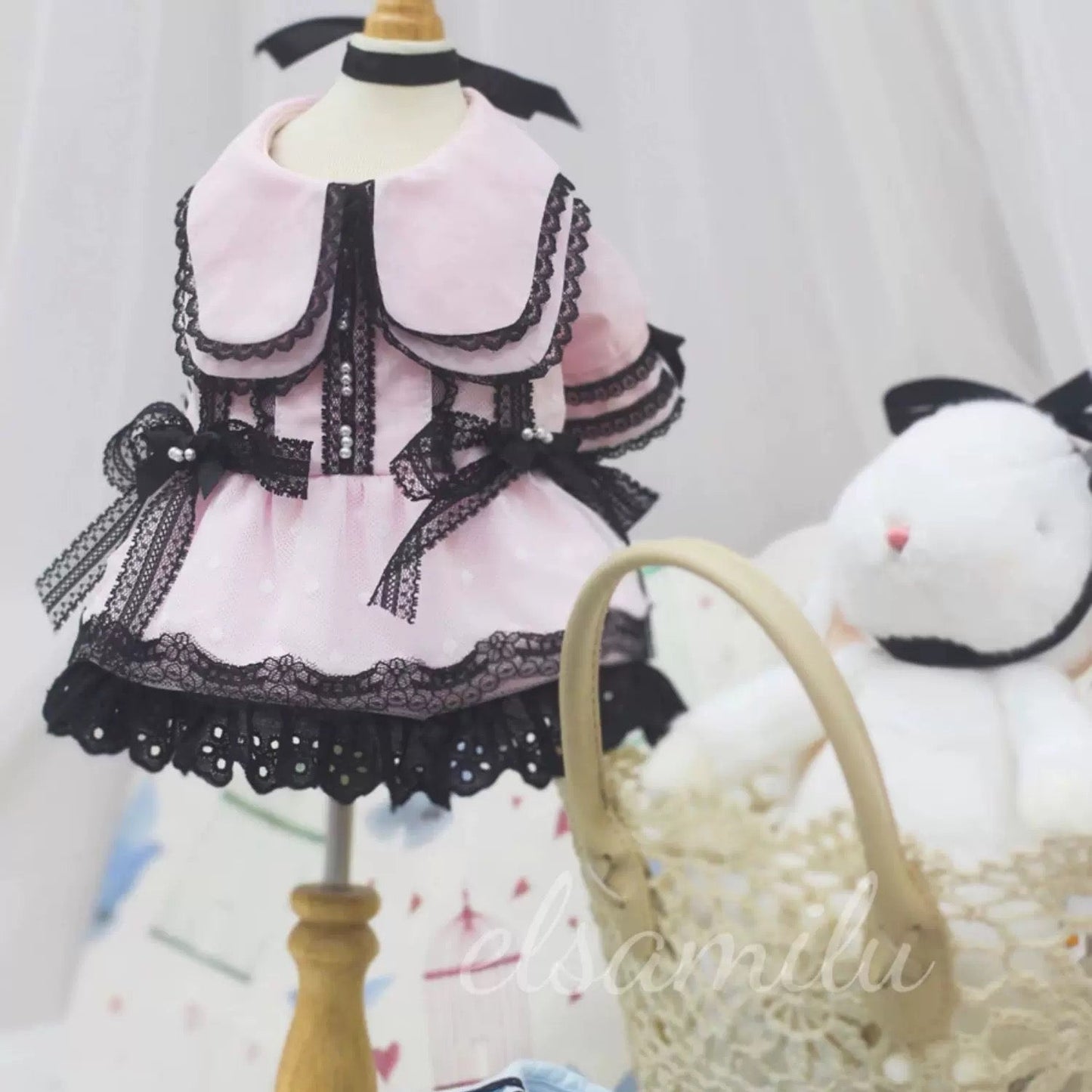 Elsamilu Gothic Romance Long Sleeve Pet Dress – Pink & Blue Lace Outfit for Small Dogs & Cats