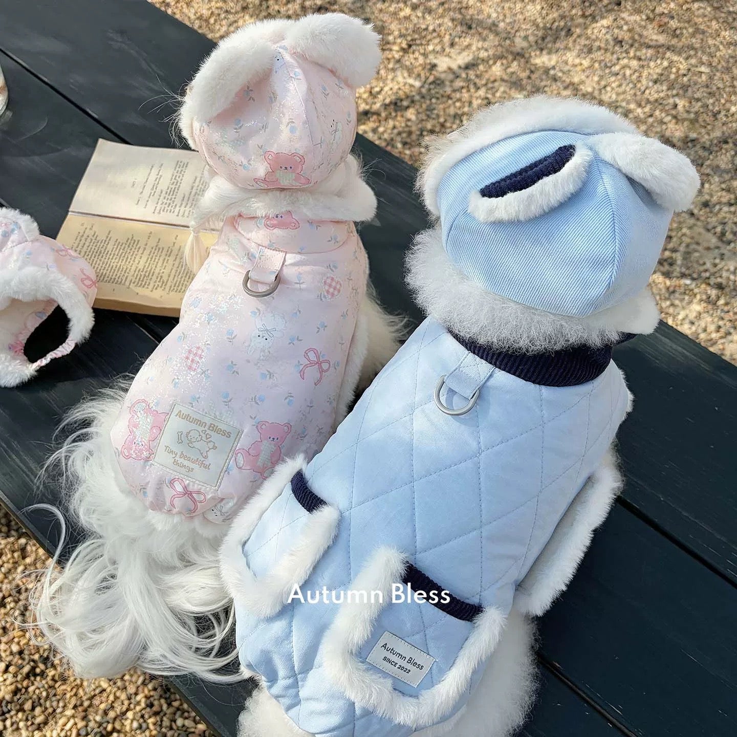 Autumn Bless ふわもこ冬あったかジャケット – テディ柄／キルティングブルー | Furry Cozy Winter Jacket – Teddy Print & Quilted Blue