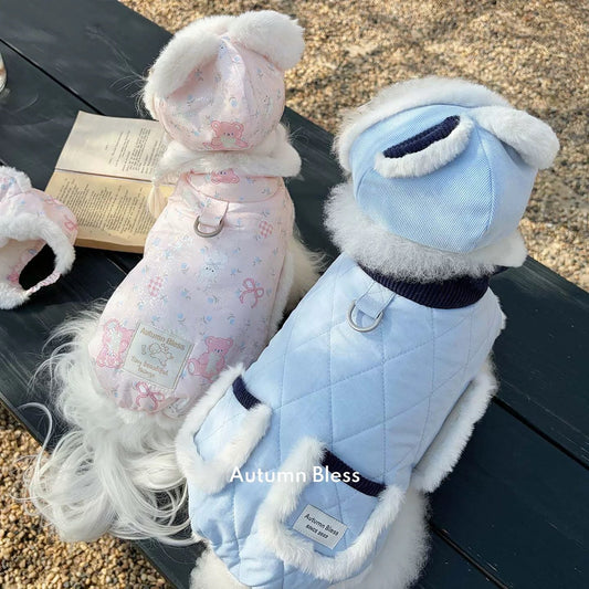 Autumn Bless ふわもこ冬あったかジャケット – テディ柄／キルティングブルー | Furry Cozy Winter Jacket – Teddy Print & Quilted Blue