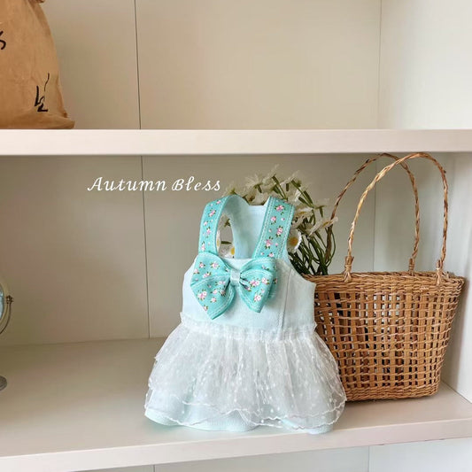 Autumn Bless Mint Blossom Bow Dress with Ribbon