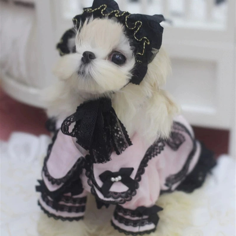 Elsamilu Gothic Romance Long Sleeve Pet Dress – Pink & Blue Lace Outfit for Small Dogs & Cats