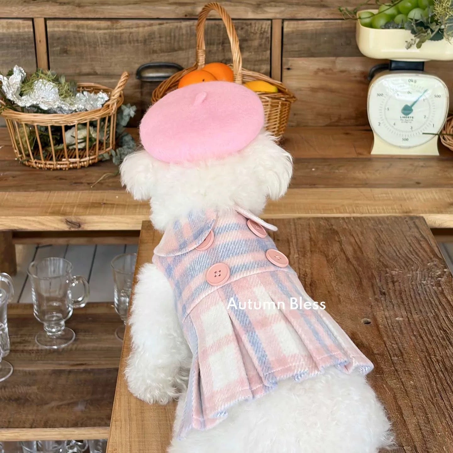 Autumn Bless フレンチウールチェックワンピース＆ベレー帽セット | French Wool Plaid Dress & Beret Set