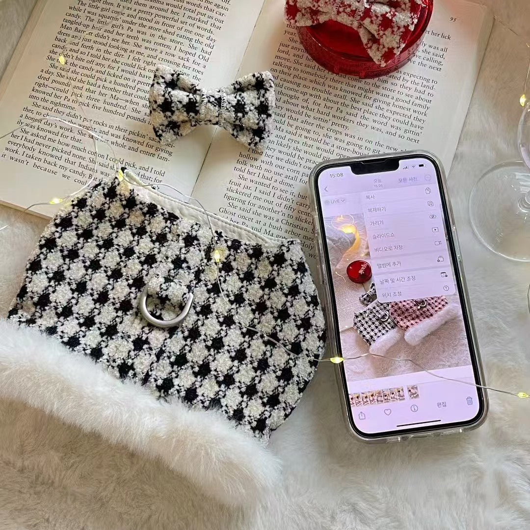 Autumn Bless クリスマススノーハウンドトゥースふわもこハーネス（Dリング付き）| Christmas Snowy Houndstooth Fur Harness – D-Ring Design