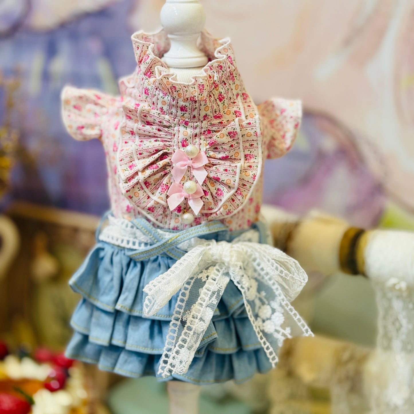 Elsamilu Pink Floral Docking Denim Dress