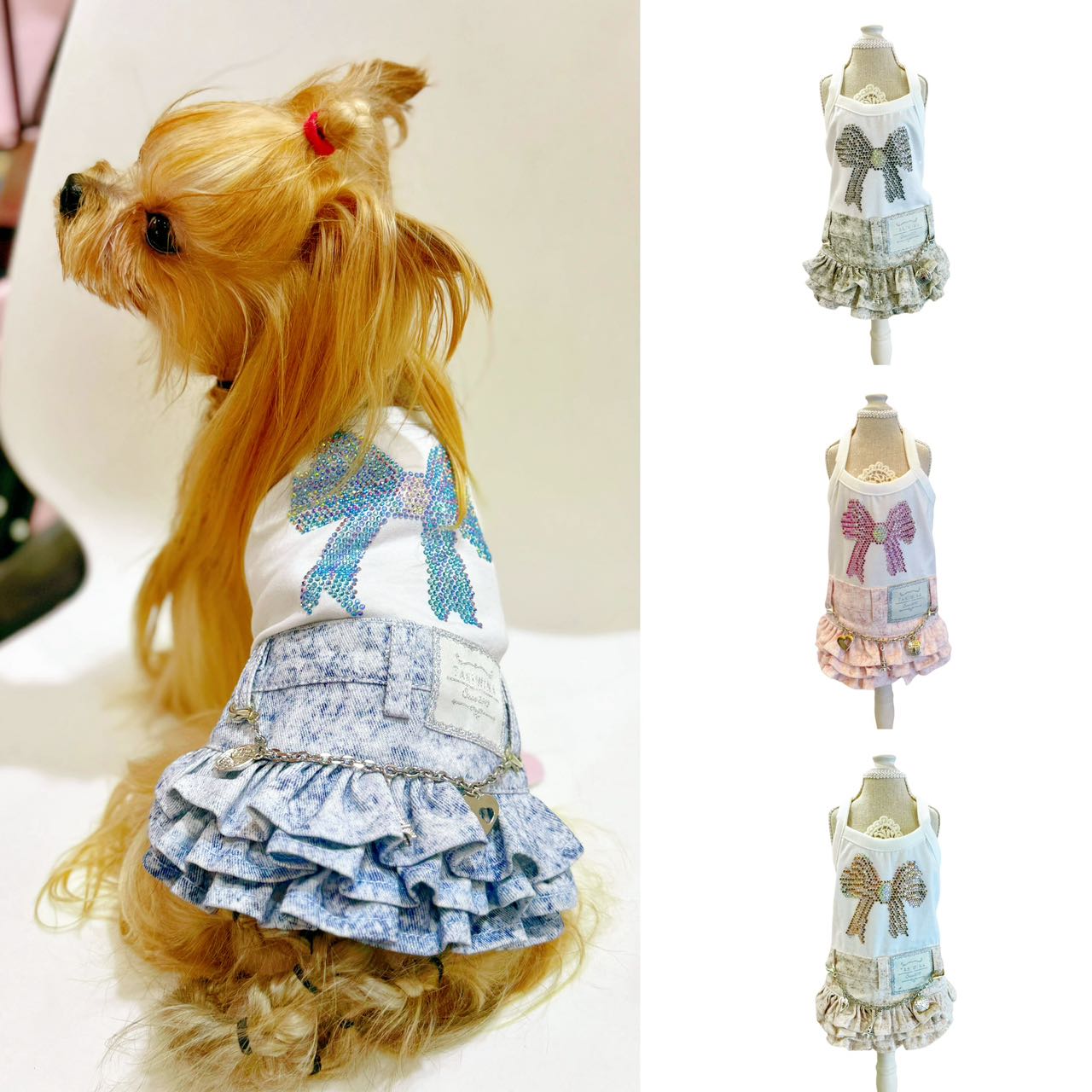 작은 개를위한 Taniwina Bling Ribbon Rhinestone 데님 스커트