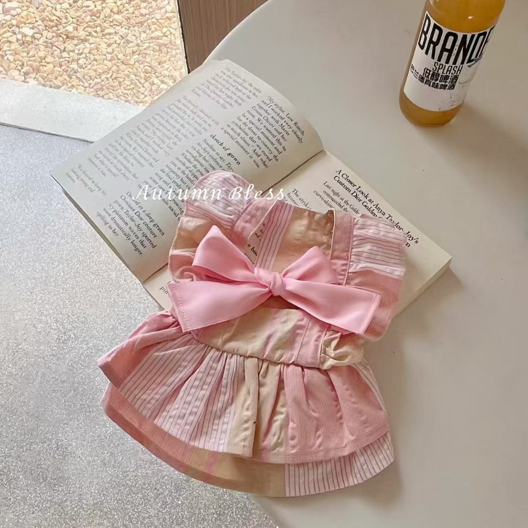 Autumn Bless ストライプリボンドレス（単品・ヘアアクセセット）| Striped Ribbon Dress (Single or with Hair Clip Set)