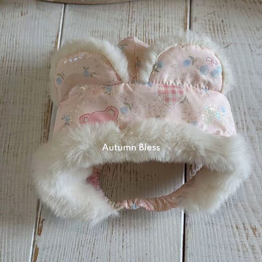Autumn Bless ふわもこ冬あったか帽子 – テディ柄／キルティングブルー | Furry Cozy Winter Hat – Teddy Print / Quilted Blue